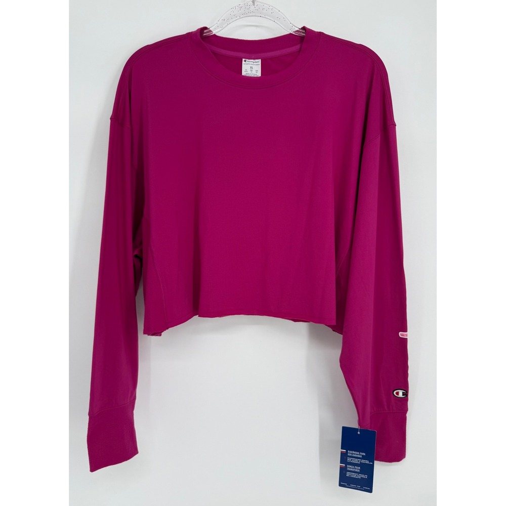 Champion Womens XL Cropped Long Sleeve T-Shirt Berry Pink Raw Hem Boxy Fit NEW